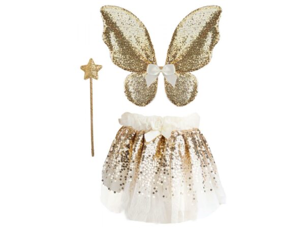 Set Papillon sequin Doré, Jupe, Ailes et Baguette, Taille Us 4-6 - 41755 - Great Pretenders